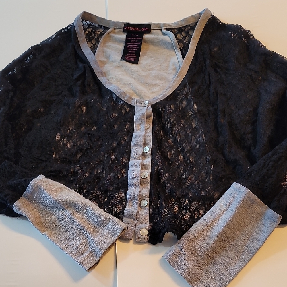 Material Girl Black Lace Cardigan with Gray Trim SizeL